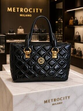 Vintage Metrocity Milano Black Quilted Leather Satchel Bag EUC